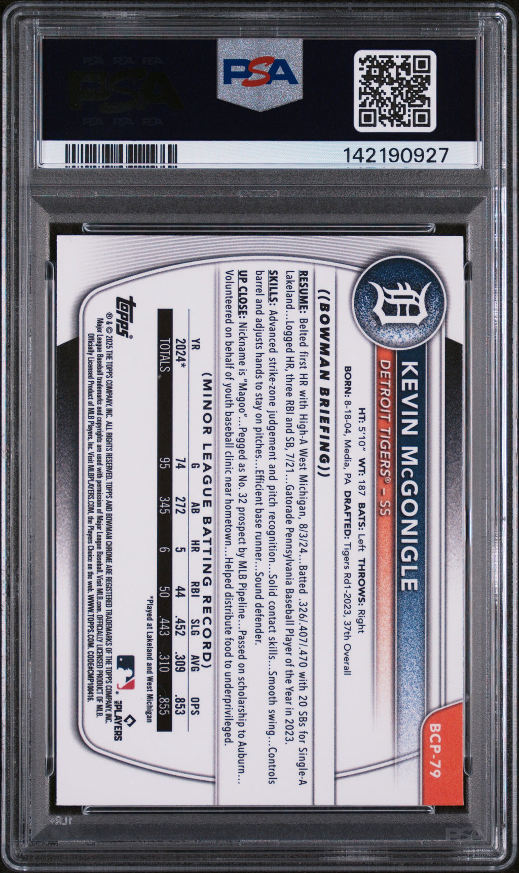 2025 Bowman Chrome Kevin McGonigle #BCP-79 Reptilian Refractor 1st Bowman PSA 10