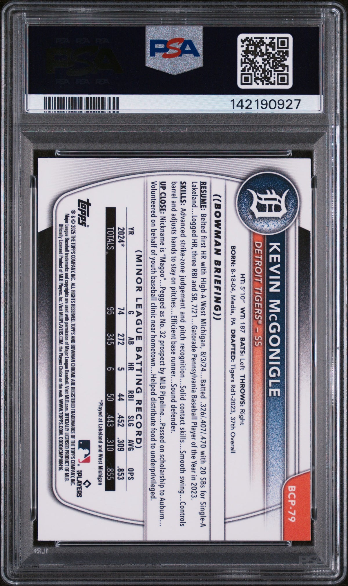 2025 Bowman Chrome Kevin McGonigle #BCP-79 Reptilian Refractor 1st Bowman PSA 10
