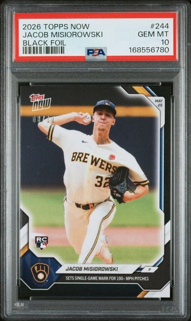 2026 Topps NOW #244 Jacob Misiorowski Black Foil /10 RC – PSA 10 Gem Mint (Pop 1)