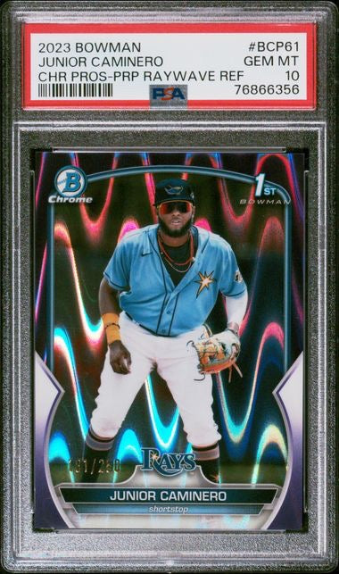2023 Bowman Chrome Junior Caminero #BCP-61 Purple Raywave Refractor /250 1st Bowman PSA 10