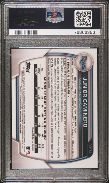 2023 Bowman Chrome Junior Caminero #BCP-61 Purple Raywave Refractor /250 1st Bowman PSA 10