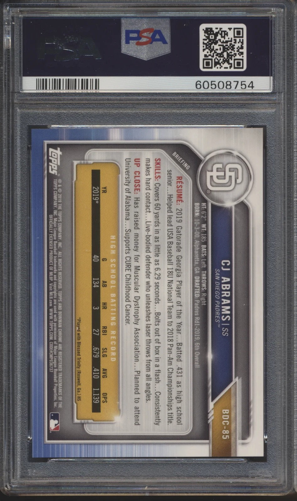 2019 Bowman Draft Chrome CJ Abrams 1st Bowman Sky Blue Refractor #BDC-85 PSA 10 Gem Mint